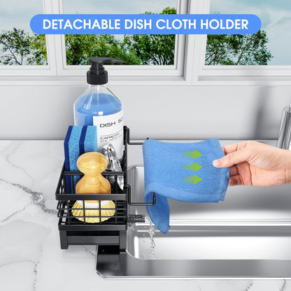 DYFVREN Kitchen Sink Sponge Holder, Rustproof Non-Slip Self-Draining Metal Sink Caddy with Detachable Dish Cloth Holder (Black)