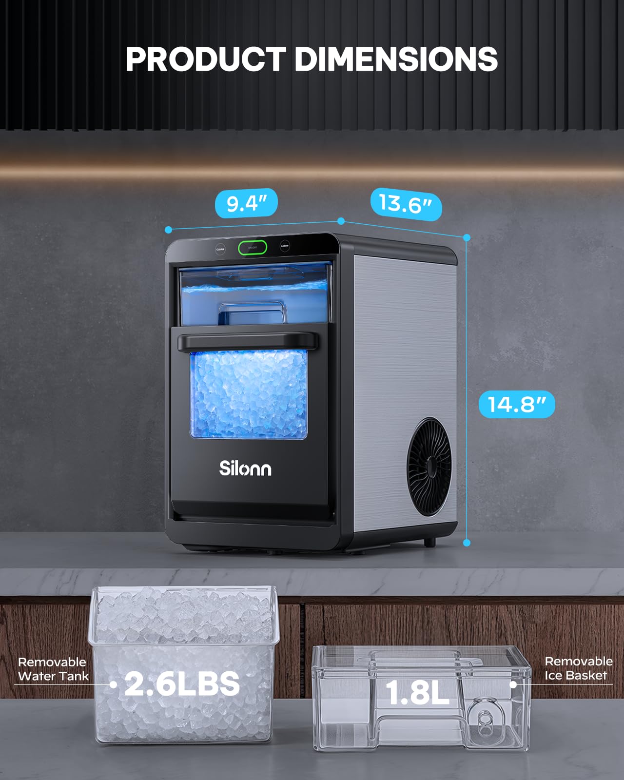 Silonn Nugget Ice Maker Countertop - 44lbs/24h Crushed/Pebble Ice Machine, Front Pull-Out Water Tank & Removable Basket, Stainless Steel Finish for Home Kitchen