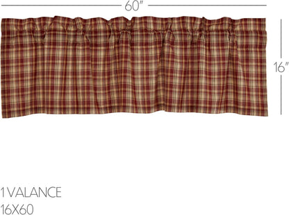 VHC Brands Rustic Thanksgiving Kitchen Curtain, Beckham Plaid Rod Pocket Cotton Valance, 16x60 Inches, Rust Red