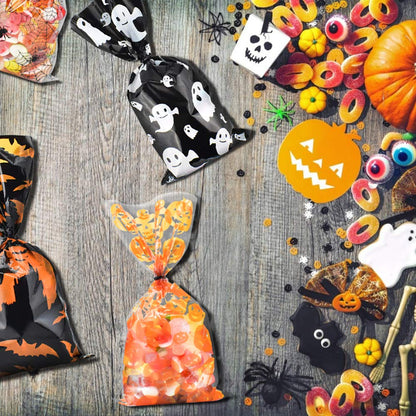 ERKOON Halloween Candy Bags 200pcs Pumpkin Spider Web Bat Ghost Print Treat Bags with Twist Ties for Halloween Party Supplies, Bulk Gift Bags for Trick-or-Treat