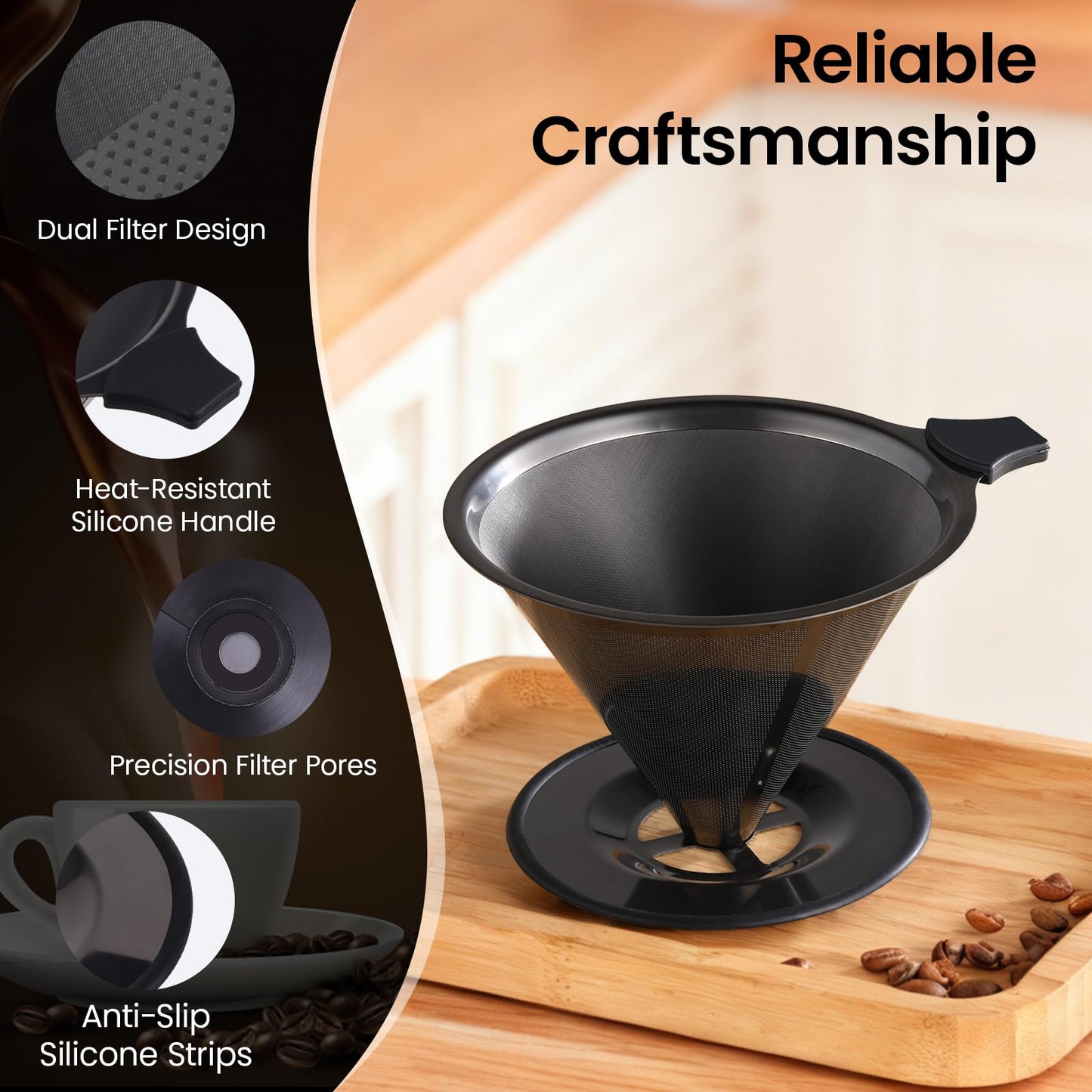 【2.0 Upgraded】 Stainless Steel Pour Over Coffee Maker, Reusable Paperless Drip Coffee Filter and Coffee Strainer for Single Cup Hand Brew, 1–6 Cup