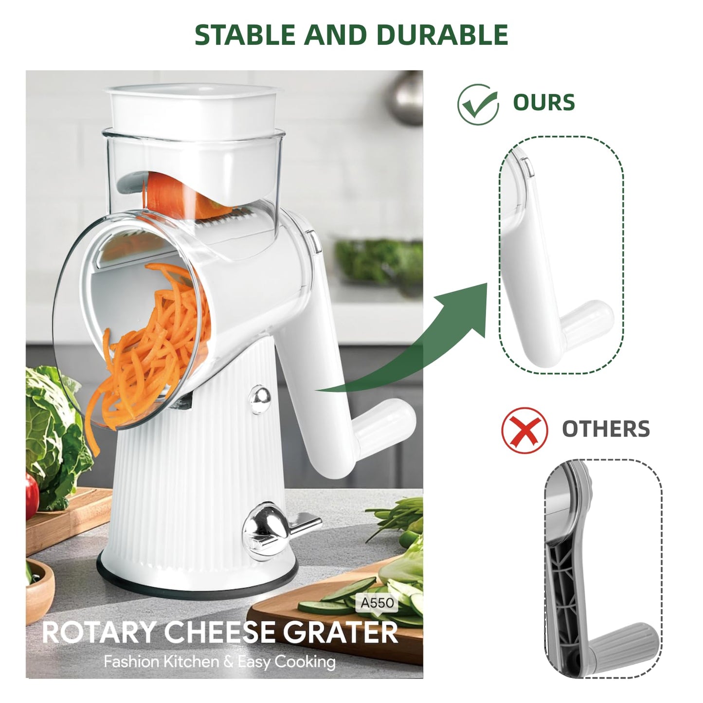 Rotary Cheese Grater with Handle - Vegetable Shredder with 5 Blades & Strong Suction Base, Round Slicer & Food Chopper for Kitchen (White)
