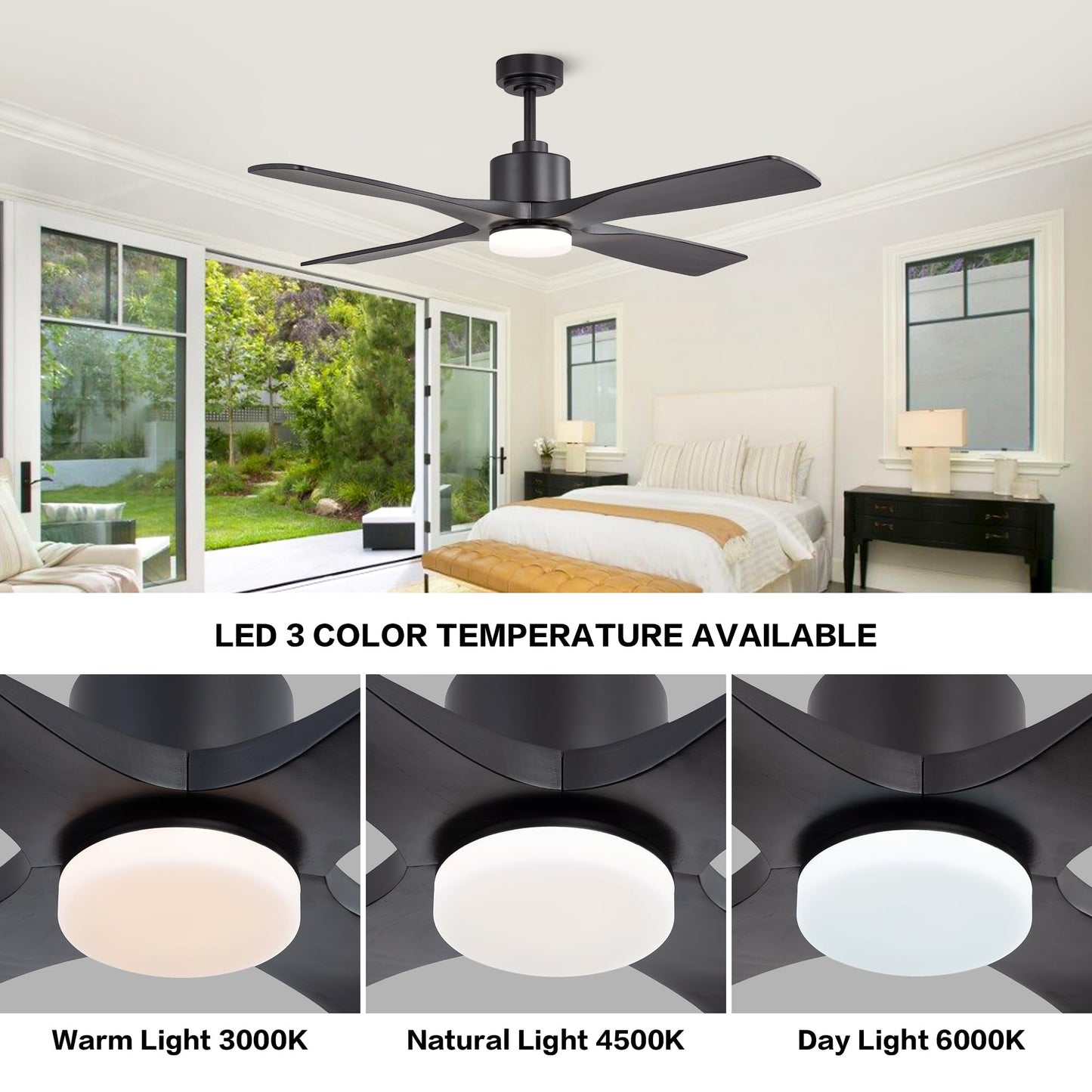 WINGBO 54 Inch DC Ceiling Fan with Lights and Remote Control, 4 Carved Solid Wood Blades, 6-Speed Noiseless Reversible DC Motor, Modern Ceiling Fan in Matte Black Finish with Black Blades