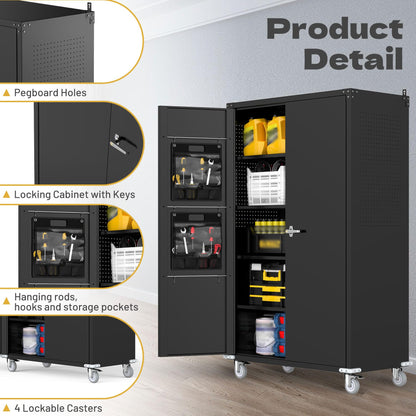 biosp 72" H Wide & Deep Garage Storage Cabinet with Wheels & Pegboards, Metal Storage Cabinet with Locking Door & Adjustable Shelves, Rolling Tool Cabinet for Garage, Shop, Office, 72"x43"x22"