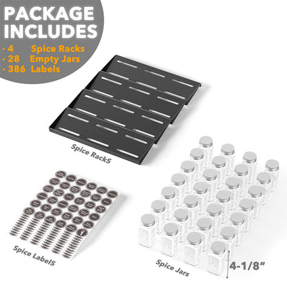 SpaceAid Spice Drawer Organizer with 28 Spice Jars, 386 Spice Labels, 4 Tier Seasoning Rack Tray Insert for Kitchen Drawers, 13" Wide x 17.5" Deep