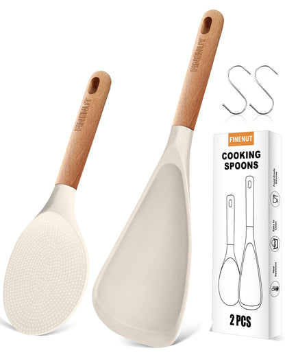FINENUT Cooking Spoon Multifunction Spoonula Silicone Spatula Spoon 2-Pack, Dual-Use Heat Resistant 446°F, BPA-Free Non-Toxic Wooden Handle Rice Spoon Set for Non-Stick Cookware & Rice Cookers (Khaki)
