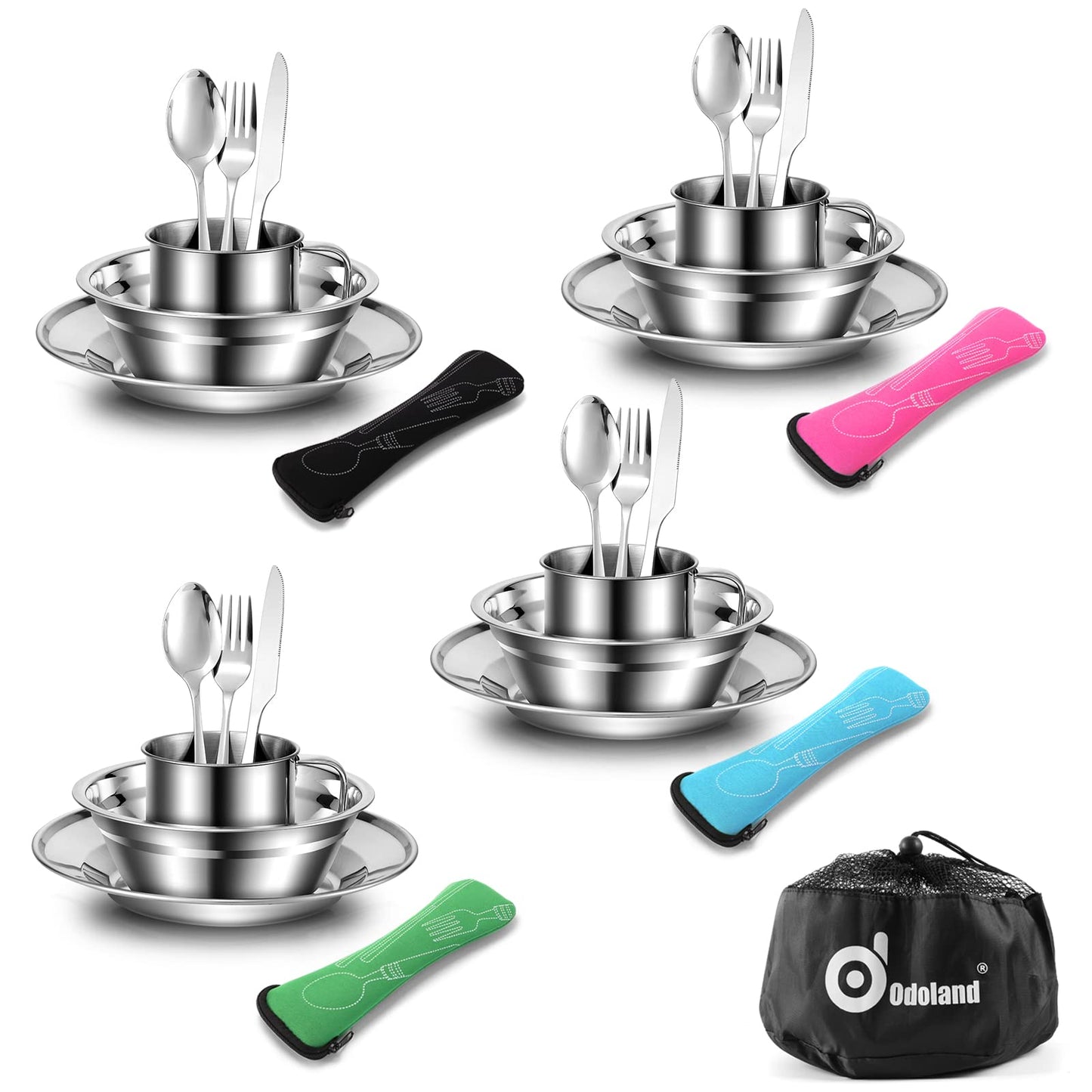 Odoland 29pcs Stainless Steel Utensils Camping Mess Kits with Bowls Plates Cups Forks Spoons and Knives for 4, Camping Cutlery Set for Backpacking, Outdoor Hiking and Picnic