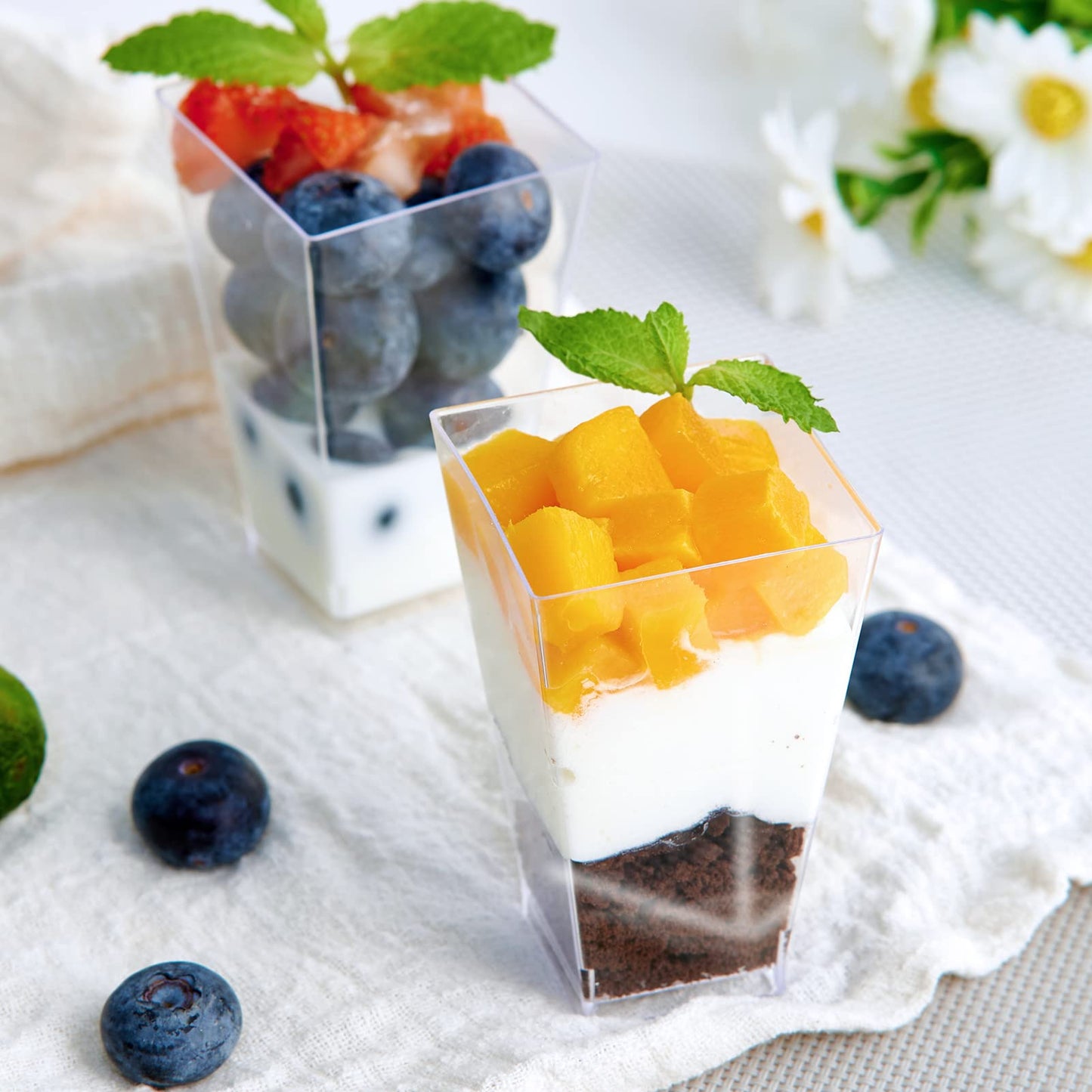 JOLLY CHEF 100 Pack 3 oz Square Mini Dessert Cups with Spoons, Clear Plastic Parfait Appetizer Cup, Small Plastic Dessert Serving Bowl for Tasting Party