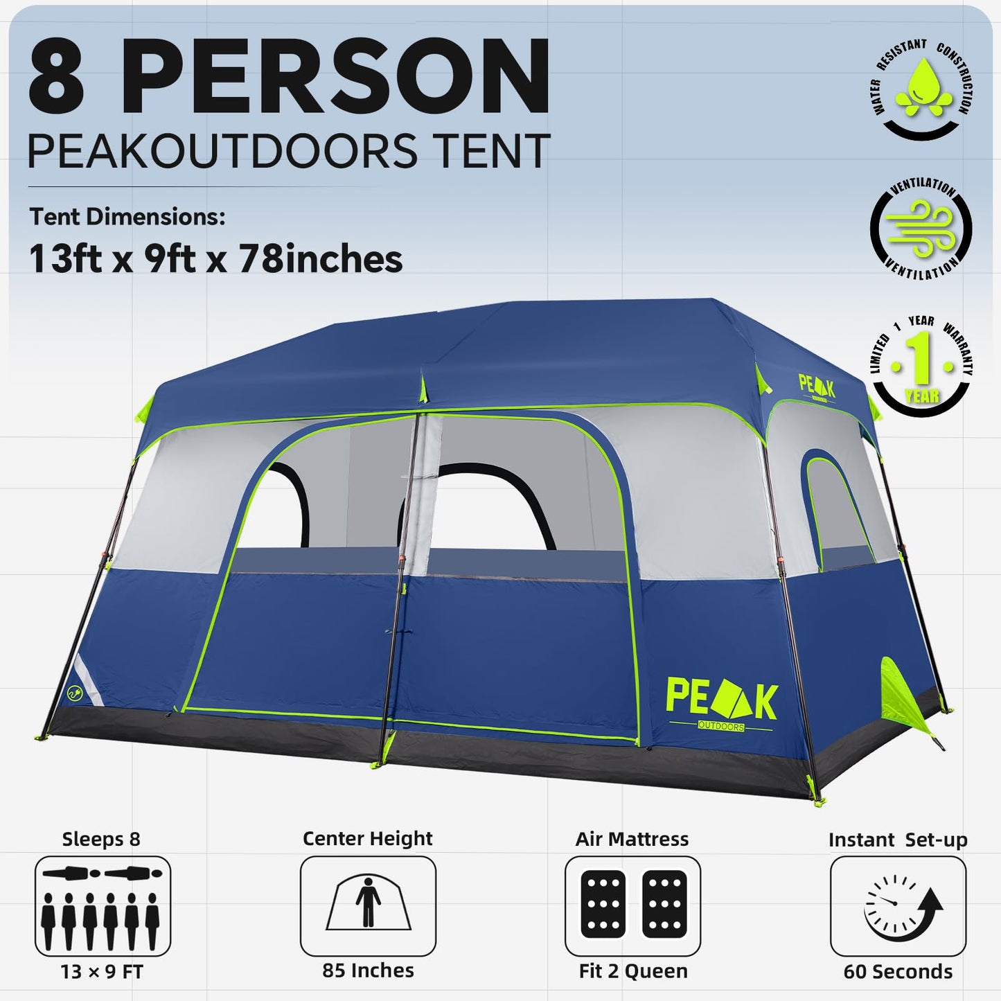 PEAK OUTDOORS Instant Tent 6/8 Person Tents for Camping, 60 Second Easy Setup Portable Camping Cabin Tent with Rainfly, Waterproof Pop Up Tents for Family Camping & Hiking with Expandable Carry Bag