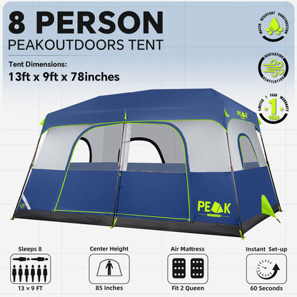 PEAK OUTDOORS Instant Tent 6/8 Person Tents for Camping, 60 Second Easy Setup Portable Camping Cabin Tent with Rainfly, Waterproof Pop Up Tents for Family Camping & Hiking with Expandable Carry Bag
