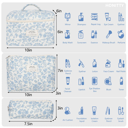 Makeup Bag,Quilted Cosmetic Bag,Large Floral Make Up Bag for Women,Cotton Makeup Bag Set,Flower Travel Toiletry Bag