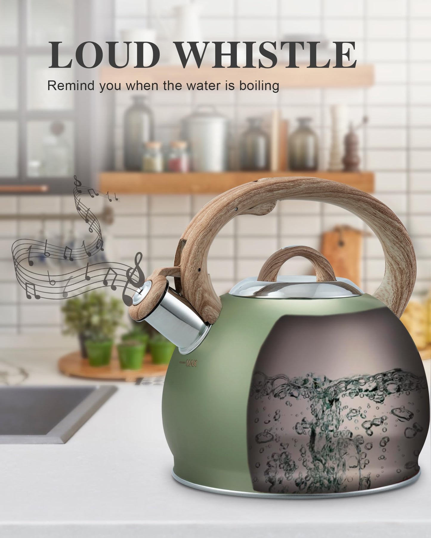 Tea Kettle Stovetop, 2.7 Quart Stove Top Whistling Tea Kettle, Teapot Kettles with Food Grade Stainless Steel and Wood Pattern Handle, Suitable for All Heat Sources