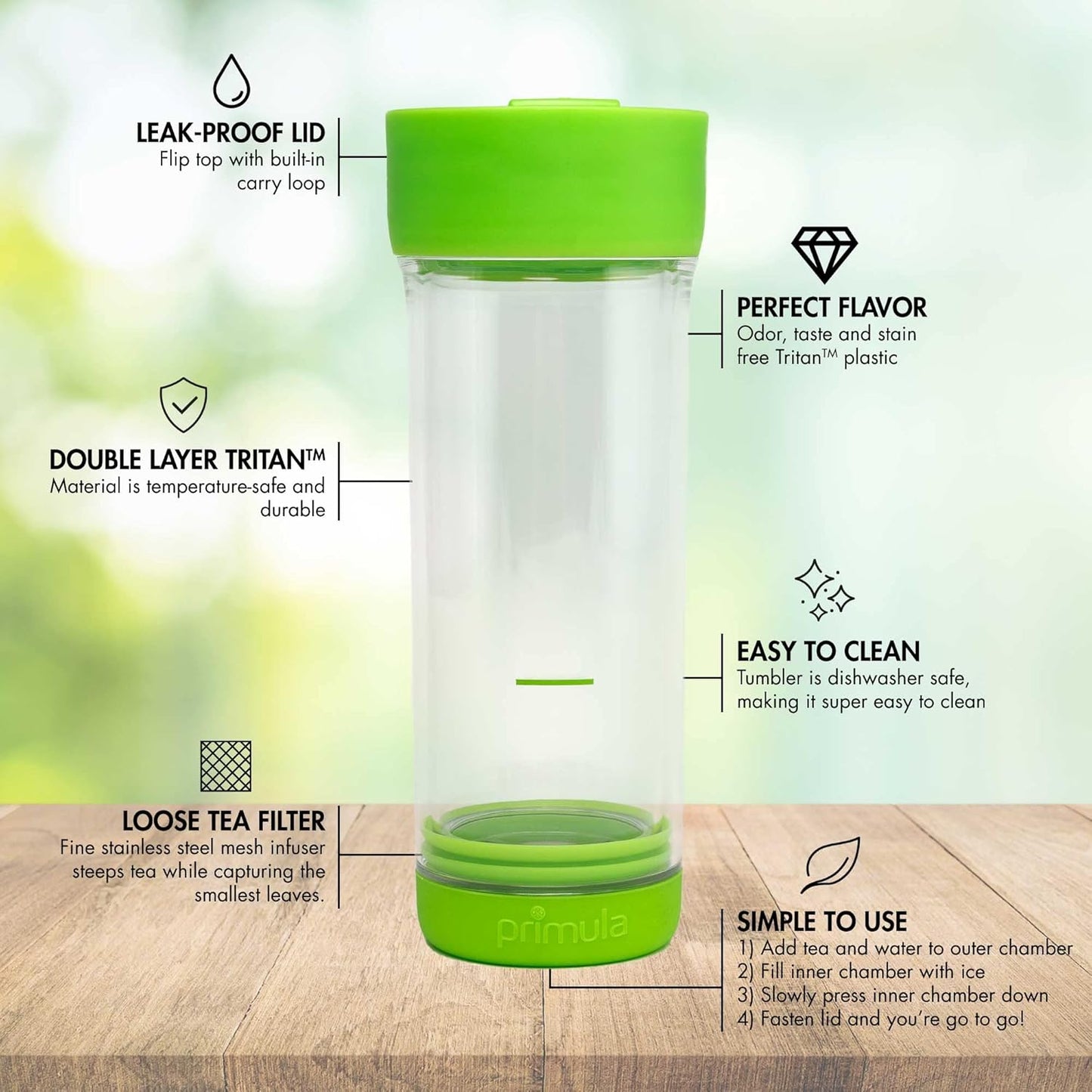 Primula Press and Go Iced Tea Maker, 16-Ounce Travel Tumbler, Green Infuser Bottle, Leak-proof Lid, Dishwasher Safe