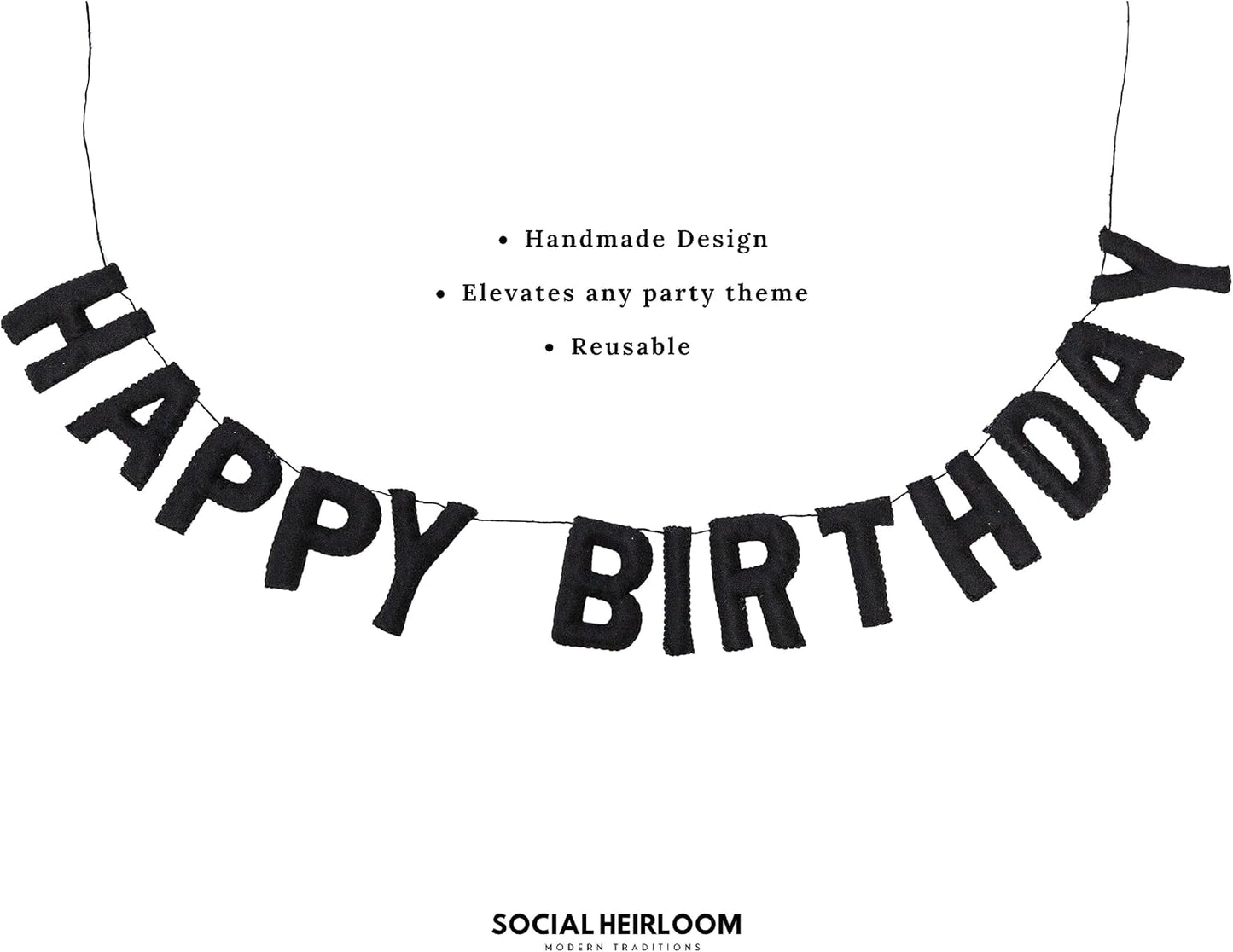 Happy Birthday Felt Fabric Banner, Black Birthday Garland, Reusable Elegant Decoration for Birthday Party