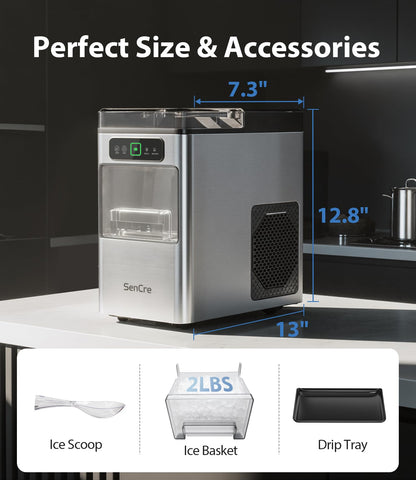 SenCre Nugget Ice Maker 40lbs/Day, Countertop Ice Maker Soft Chewable Ice, Ice Makers One-Click & Self-Cleaning, Crushed Pellet Ice Machine with Scoop&Basket for Home/Kitchen/Office, Stainless Silver