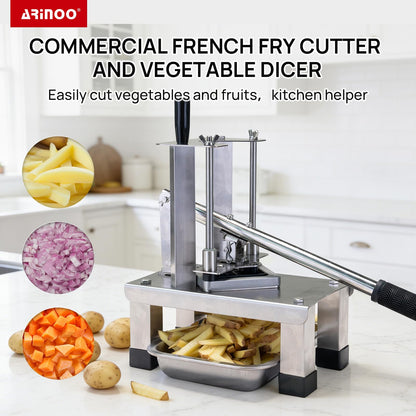 ARINOO Commercial French Fry Cutter and Vegetable Dicer with 3 Stainless Steel Blades – 3/8", 1/2", 1/4" – Heavy Duty Stainless Steel Potato Slicer for Home and Restaurant Use