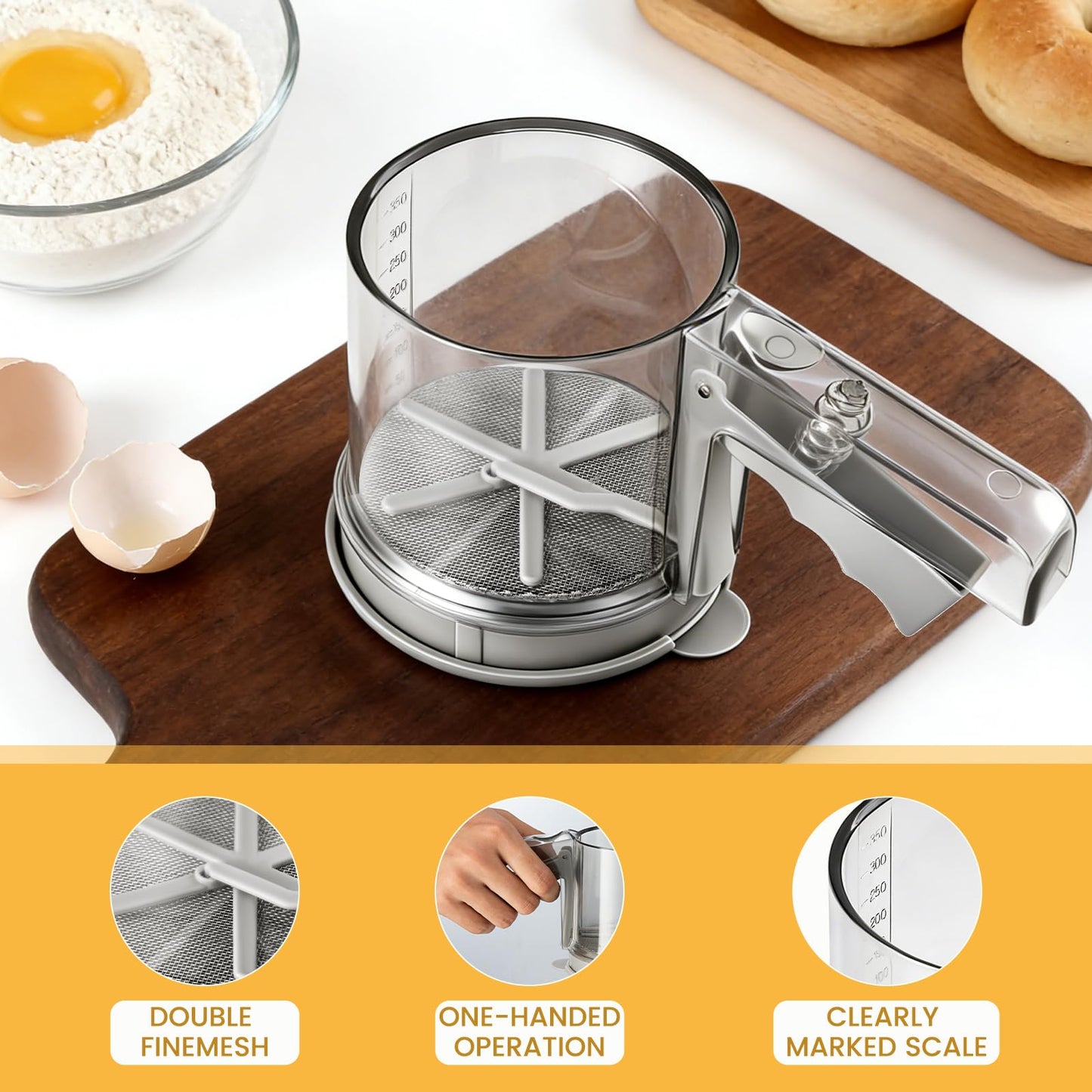 3 Cup Flour Sifter, Sifter for Baking Sifter Handheld Baking Sieve Food-Grade Double-Filter Stainless Steel Flour Sifter Non-Rust Sifter used for Rapid Screening of Flour Apricot Flour Sugar Powder