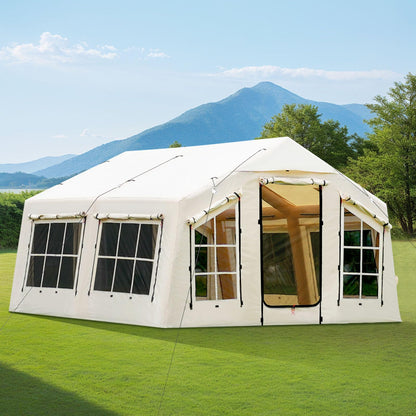 KNUO 2026 Upgraded Waterproof Inflatable Camping Tent for Winter with Rain Cover for 4~6 People, Large Blow-Up Air Tent, No Assembly Needed Luxury Glamping House, 12x12ft Oxford Fabric, Beige