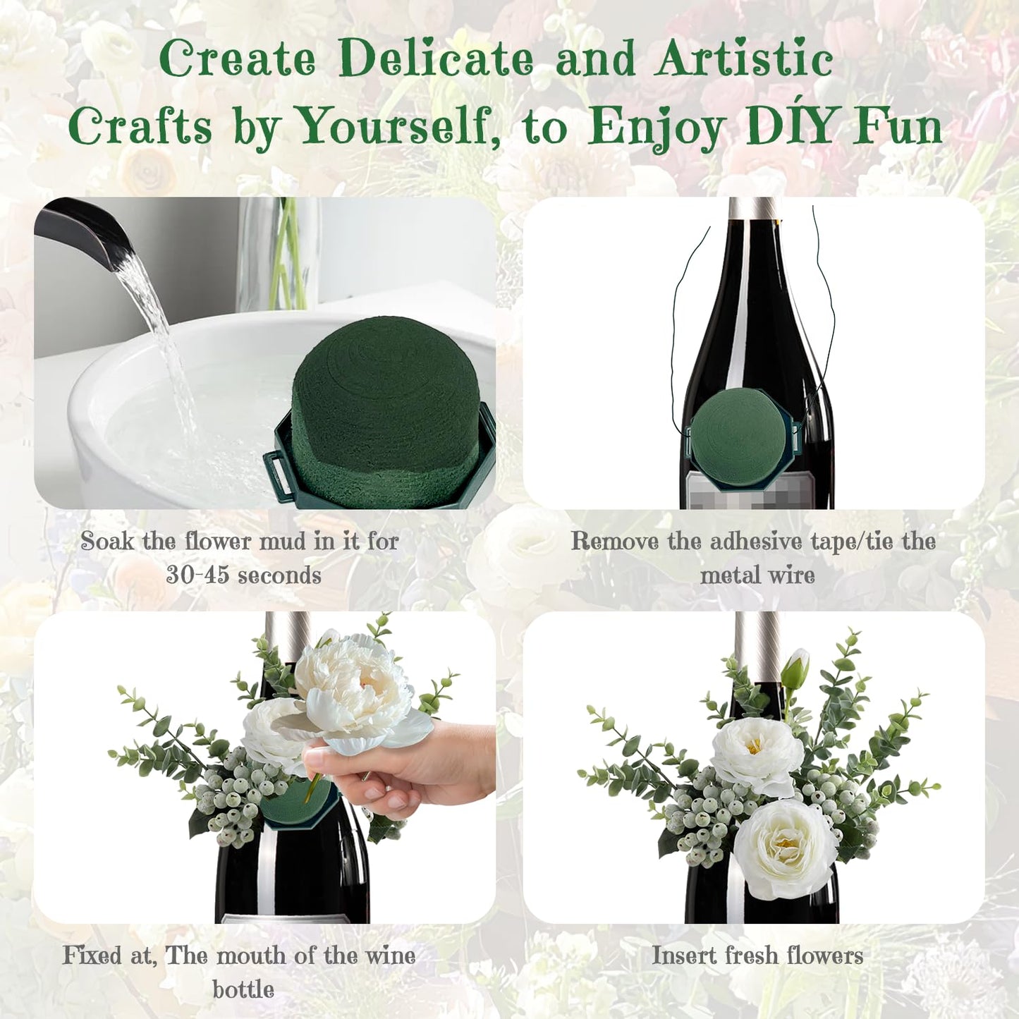 Flower Foam Holders, 12 Pcs Green Round Floral Foam with Adhesive & 38Yd Wire for Wine Bottle Arrangements, Wedding Centerpieces, DIY Fresh/Dried Artificial Flowers Decor
