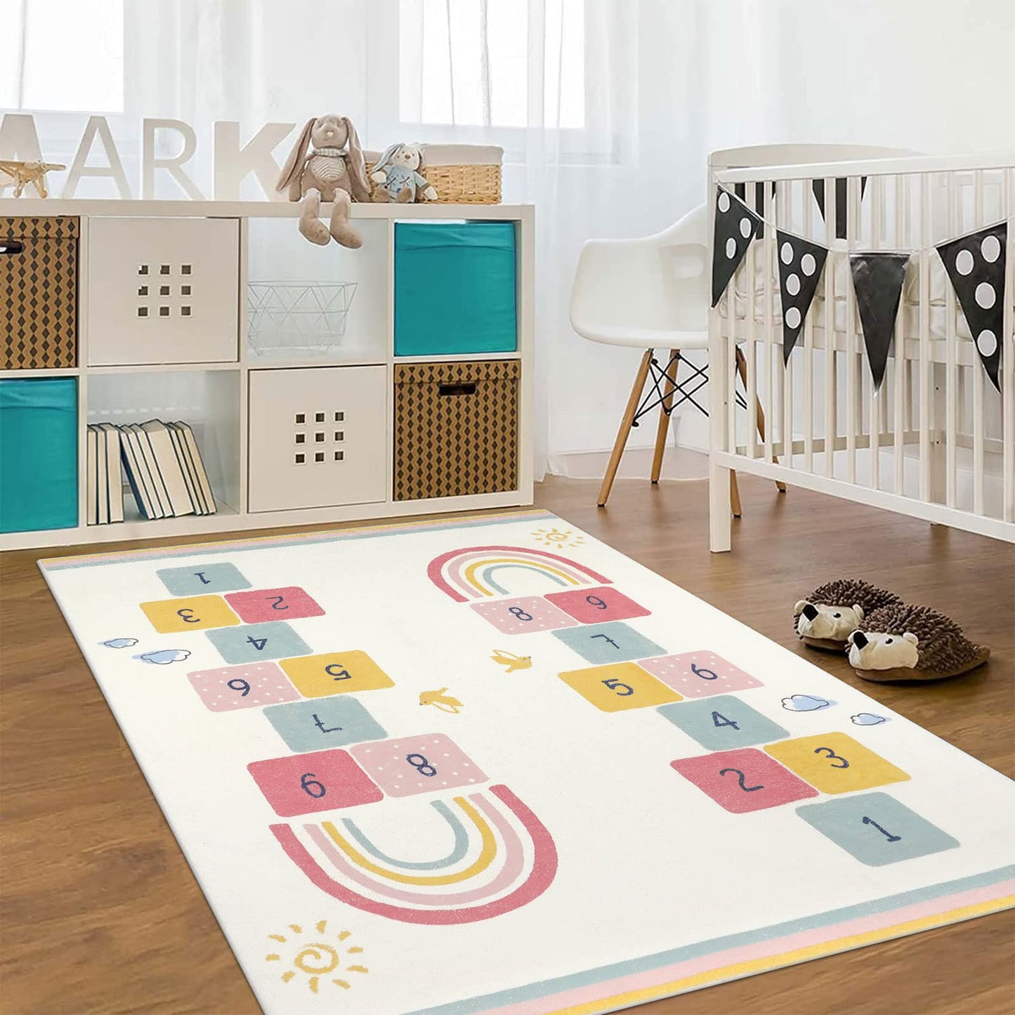 Topotdor Rainbow Sky Hopscotch Game Rugs,Kids Play Area Rugs Soft Floor Carpet for Bedroom Playroom Nursery,Great Gift for Girls & Boys,47" x 71"