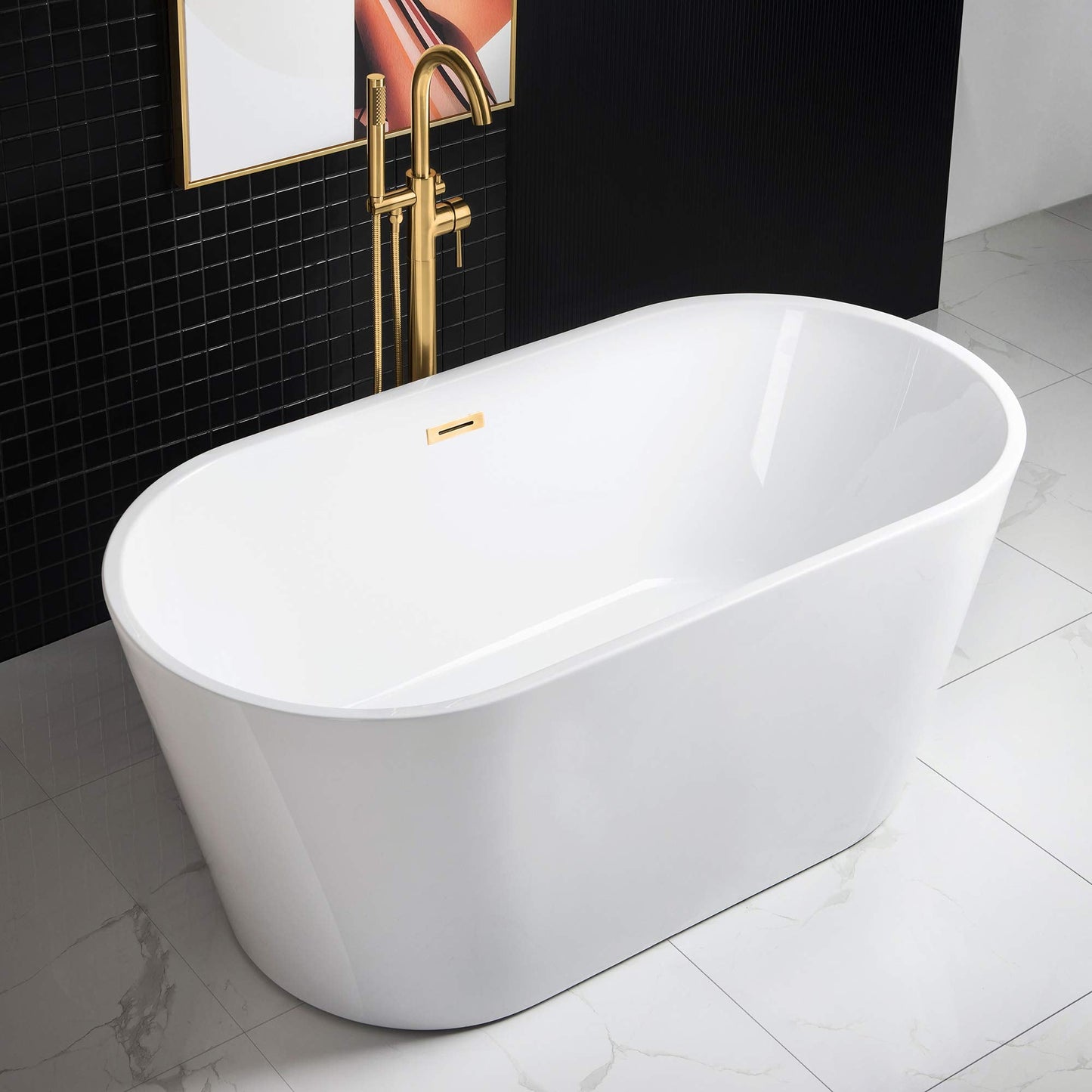 WOODBRIDGE 59" Acrylic Freestanding Bathtub Contemporary Soaking White Tub with Brushed Gold Overflow and Drain，B0014-BG
