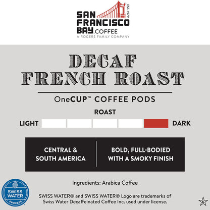 SF Bay Decaf French Roast Coffee, OneCup – 72 Count Compostable Pods – Dark Roast Arabica Decaf – Compatible with Most Keurig K-Cup Brewers