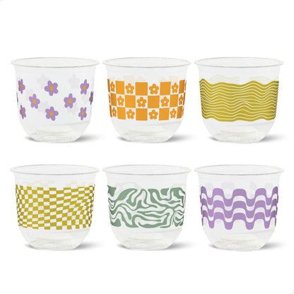 TOSSWARE NATURAL 12oz Arc - Retro Art - Plant Based 98mm Cups - Plastic Alternative for Parties, Bachelorettes, Weddings - Recyclable Theme Cold Cups - Set of 24