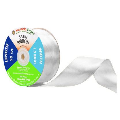 Mandala Crafts Silver Satin Ribbon for Crafts - 50 Yards 1 1/2 Inch Wide Fabric Ribbons for Gift Wrapping, Flower Bouquets, and Wedding Party Décor
