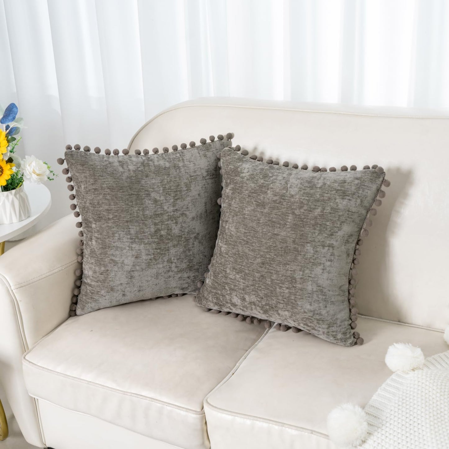HWY 50 Decorative Throw Pillow Covers Set of 2 - Chenille Solid Soft Cushion Cases with Pom Poms, 20x20 Inch Grey