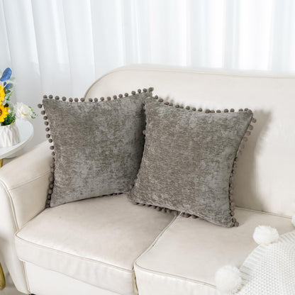 HWY 50 Decorative Throw Pillow Covers Set of 2 - Chenille Solid Soft Cushion Cases with Pom Poms, 20x20 Inch Grey