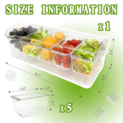 Pesilo Ice Chilled Condiment Server, 5 Removable Compartments Condiment Containers with Lids Drain Plug, Clear Garnish Tray Serving Platter Holder for Caddy Fruit Snack Sauce Taco Salad Bar Supplies