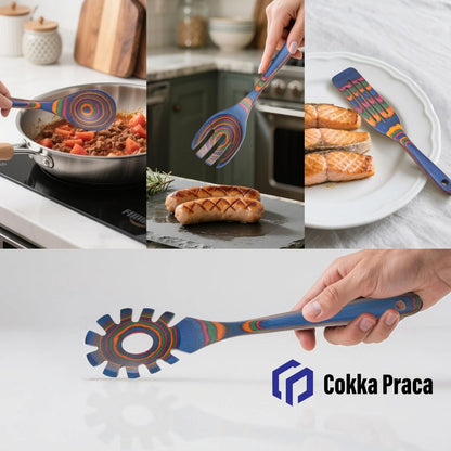 Cokka Praca 6-Piece Pakkawood Kitchen Utensils | Heat Resistant Wood Kitchen Utensils | Pakkawood Kitchen Cooking Utensil Set | Wooden Spoons for Cooking | Non-Sitck Cooking Spoons | Sapphire