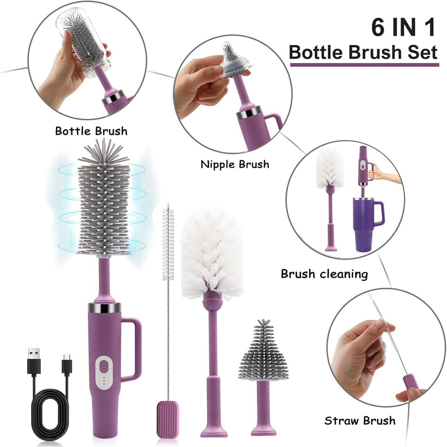 5 in 1 Electric Bottle Brush Cleaner Compatible Stanley Bottle Brush Straw Cleaner Multifunction Rechargeable IPX6 Waterproof Extra Long Design for Stanley Cup, Sports Bottle and More (Purple-1)