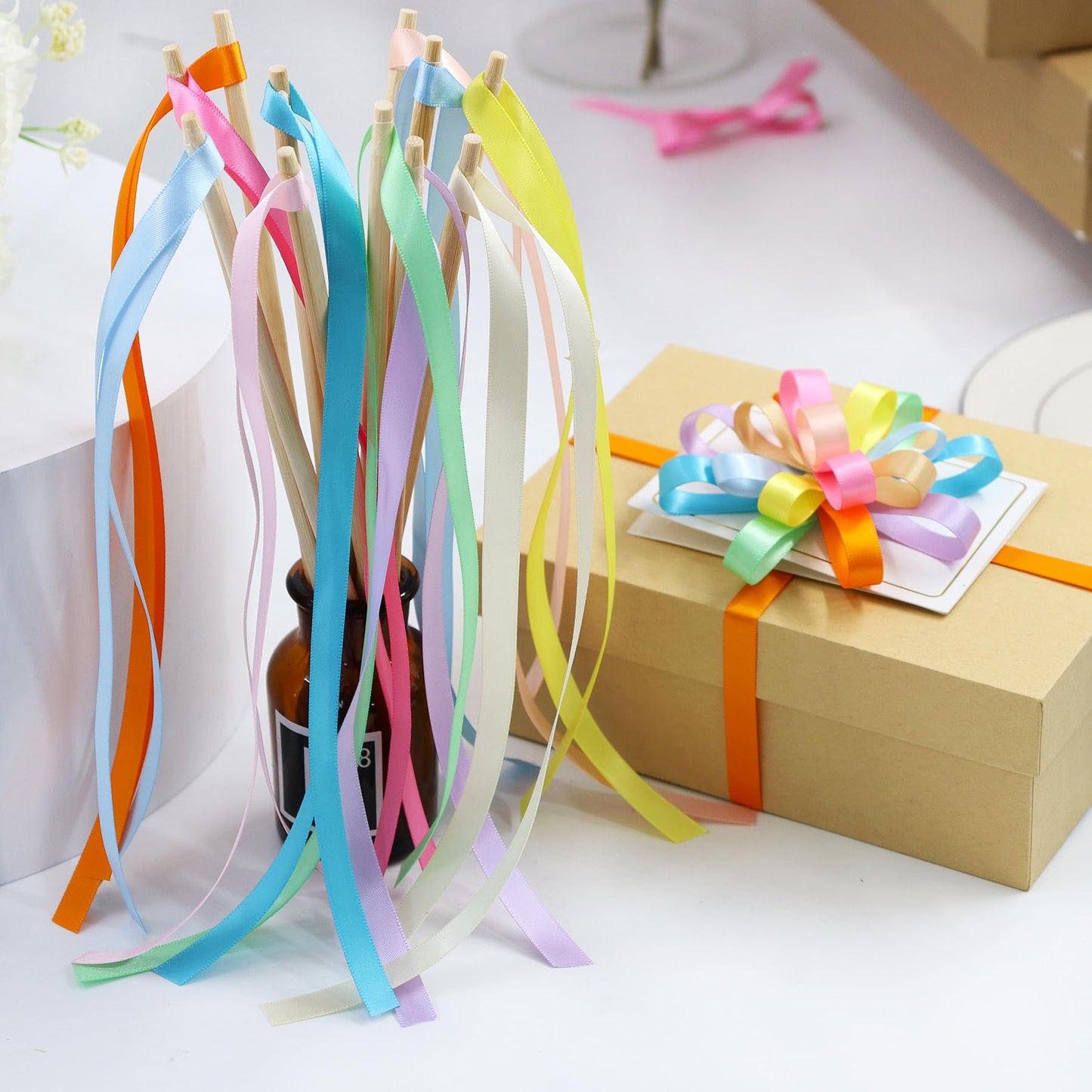 YERELO 12 Rolls Pastel Rainbow Ribbon 3/8" X 60 Yards Thin Double Face Satin Ribbon Assortment for Crafts, Wreath, Gift Wrapping, Birthday Baby Shower Party Decoration and DIY Handmade Hair Bows