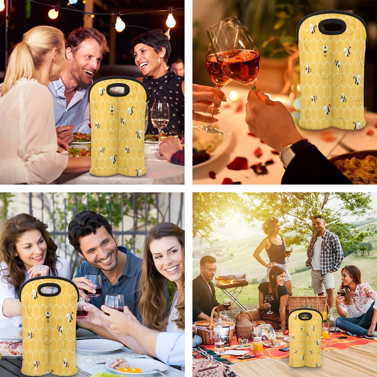 Cute Bees 2 Bottle Wine Carrier Tote Bag, Insulated Neoprene Holder for Picnics, Travel, Great Gift