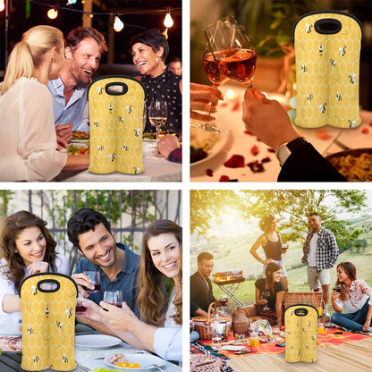 Cute Bees 2 Bottle Wine Carrier Tote Bag, Insulated Neoprene Holder for Picnics, Travel, Great Gift