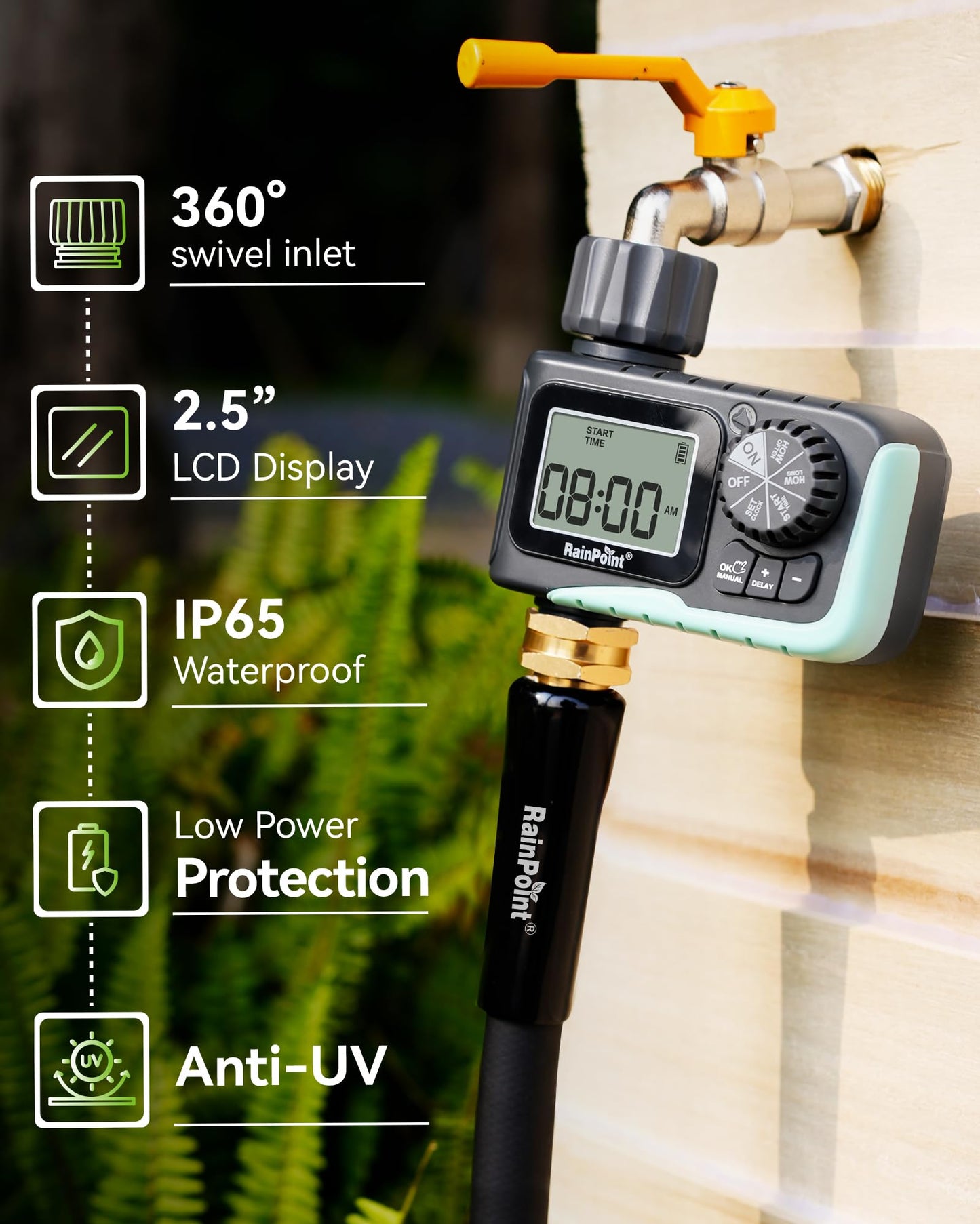RAINPOINT Sprinkler Timer, Programmable Water Timer for Garden Hose, Outdoor Soaker Hose Timed with Rain Delay/Manual/Automatic Watering System, Digital Irrigation for Yard, Lawn, 1 Outlet