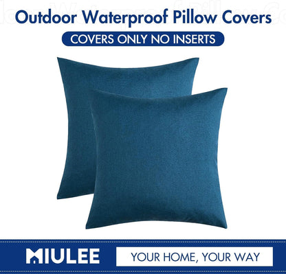 MIULEE Decorative Outdoor Throw Pillow Covers - Waterproof Faux Linen Cushion Cases | 18x18 Inch Blue, Set of 2