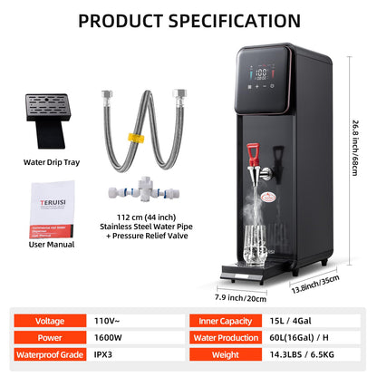 TERUISI 15L/4Gal Hot Water Dispenser, 1600W Commercial Hot Water Boiler, 60L(13Gal)/H Large Hot Beverage Dispenser with 304 Stainless Steel Inner, HD LED Screen for Hotels, Restaurants, Bars