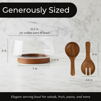 Large Glass Salad Bowl Set with Acacia Wood Base & Salad Servers – Elegant Serving Bowl for Salads, Pasta, Fruit & Snacks – Easy-Clean Modern Serveware, Perfect for Hosting & Housewarming Gifts