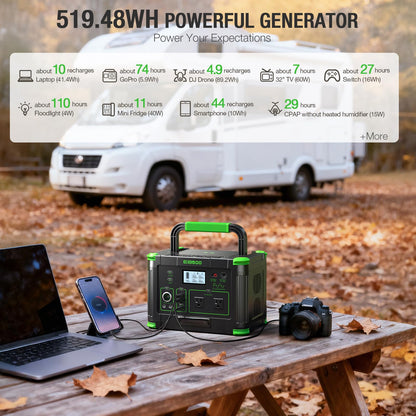 500W Portable Power Station with 100W Foldable Solar Panel, 519.48Wh Outdoor Solar Generator Backup Battery Pack with 2 AC Outlets, for RV, Van, Camping, Climbing, Road Trip & Home Emergency Use