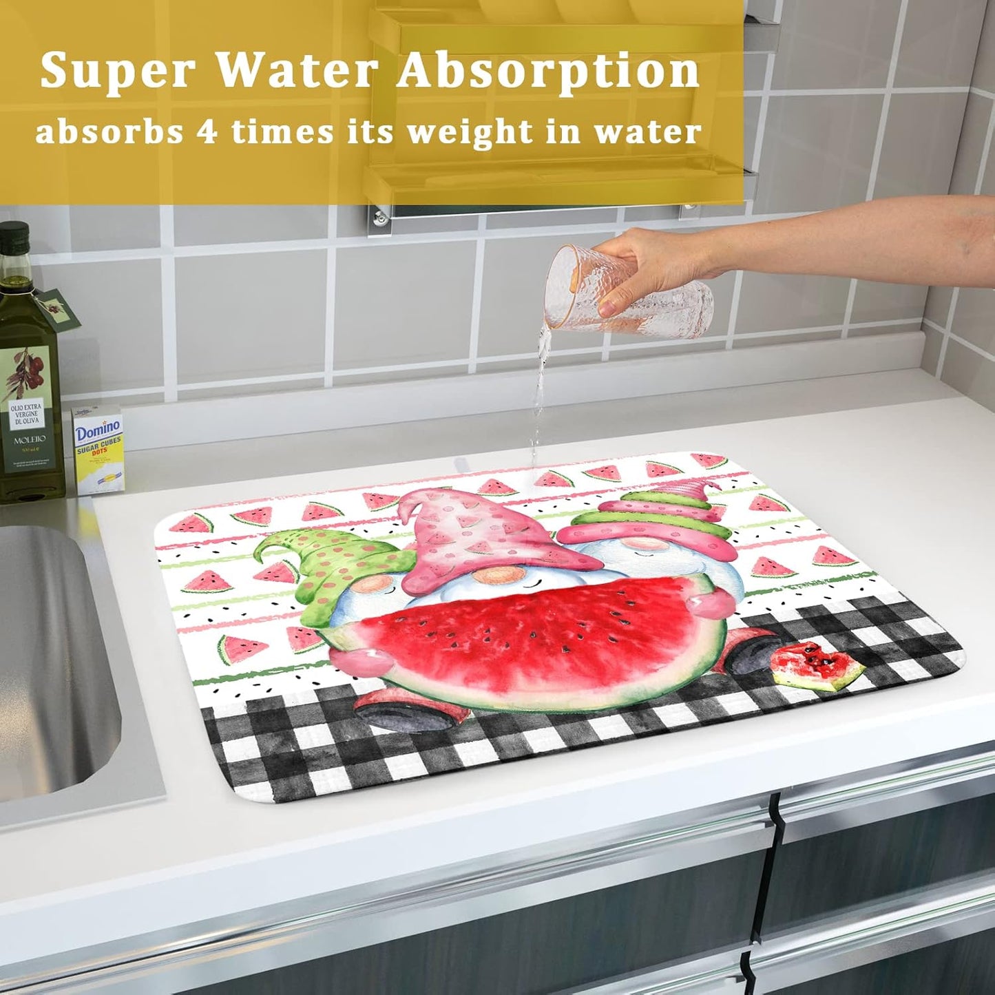 Summer Gnomes Dish Drying Mat 18x24 Inch, Watermelon Fruit Buffalo Plaid Absorbent Kitchen Dry Mats for Sink