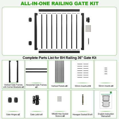 BH Railing 36" H x 40" W Heavy Duty Aluminum Picket Gate Kit – Modern Minimalist Design, AAMA 2604 Powder-Coated Textured Black, Rust & Corrosion Resistant, Maintenance-Free, Easy Installation
