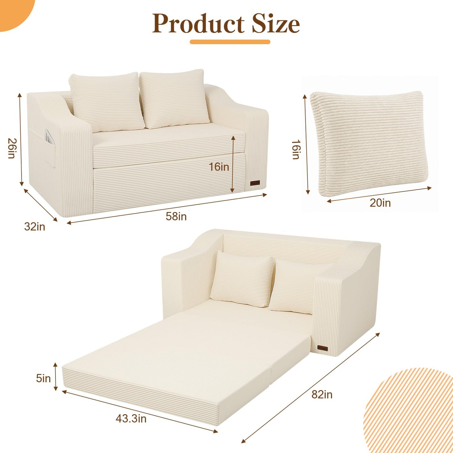 MeMoreCool Convertible Sofa Bed, Pull Out Loveseat Sofa Sleeper Couch for Bedroom Living Room Lounge, 2 in 1 Small Couch Bed with Pillow, Foldable Love Seat Futon Corduroy Beige