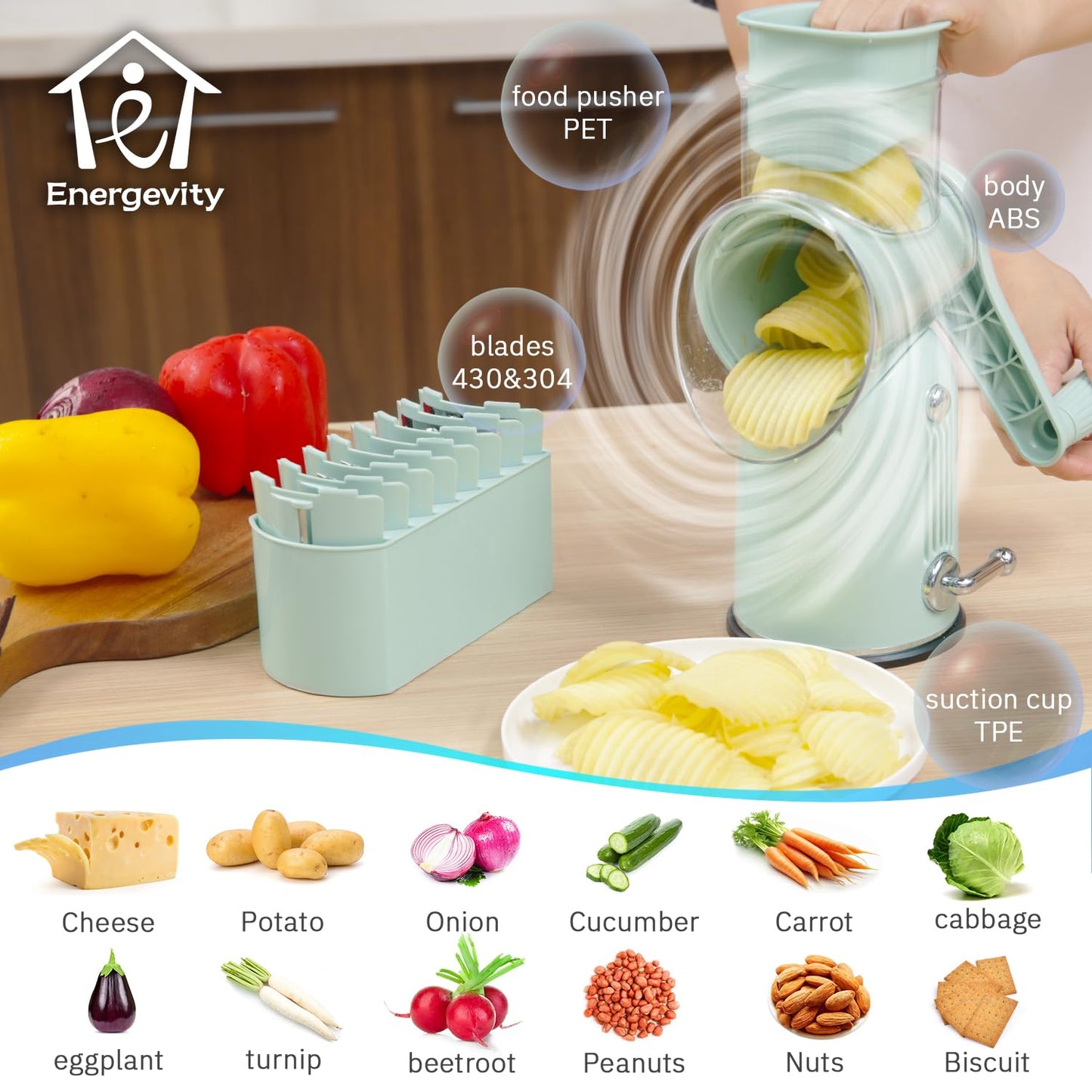 ENERGEVITY Manual Rotary Cheese Grater with Handle, 5 in 1 Replaceable Stainless Blades Cheese Shredder,Strong Suction Base Vegetable Slicer with Cleaning Brush & Bonus Storage Box for Blades (green)