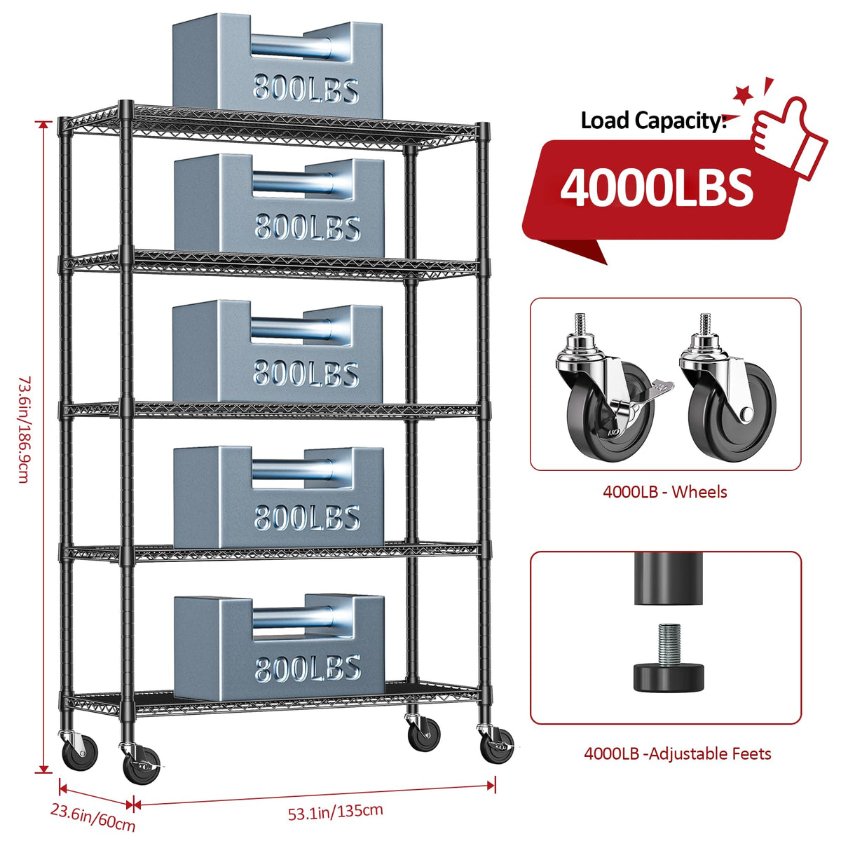 IZEUK Garage Shelving Wide Storage Shelves 5 Tier Metal Shelves 4000 LBS Heavy Duty Adjustable Utility Shelf Rack Black 23.6" D x 53.1" W x 73.6" H