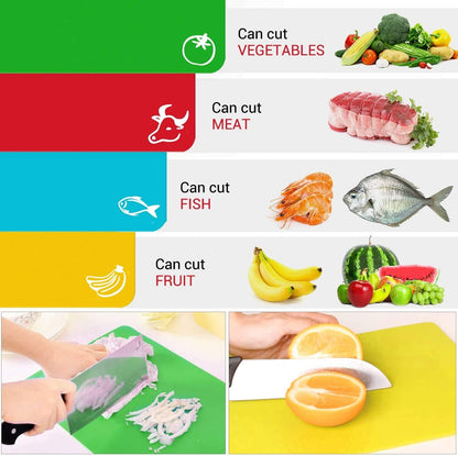Kitchen Plastic Cutting Board Set, Extra Thick Flexible Non-Slip Chopping Board with Colored Icons, Set of 4