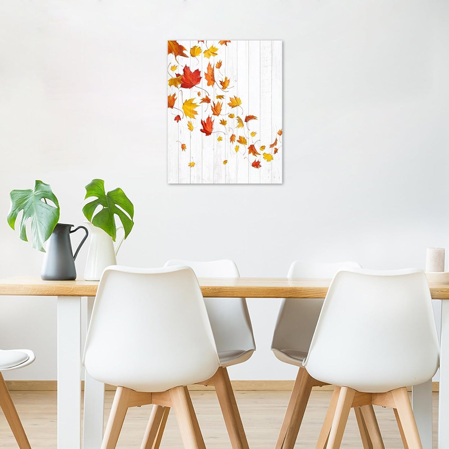 LB Farmhouse Fall Wall Art - Red Orange Maple Leaf on Rustic Grey Canvas, Ready to Hang for Living Room and Bedroom,