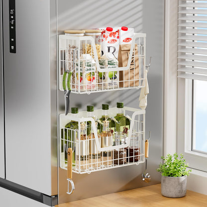 YIWANFW 2 Set Magnetic Fridge Shelf, White Magnetic Fruit Basket for Refrigerator Organizer Storage, Potato and Onion Storage Bins, Wire Baskets Magnet Rack for Laundry Washing Machine Kitchen Shelves