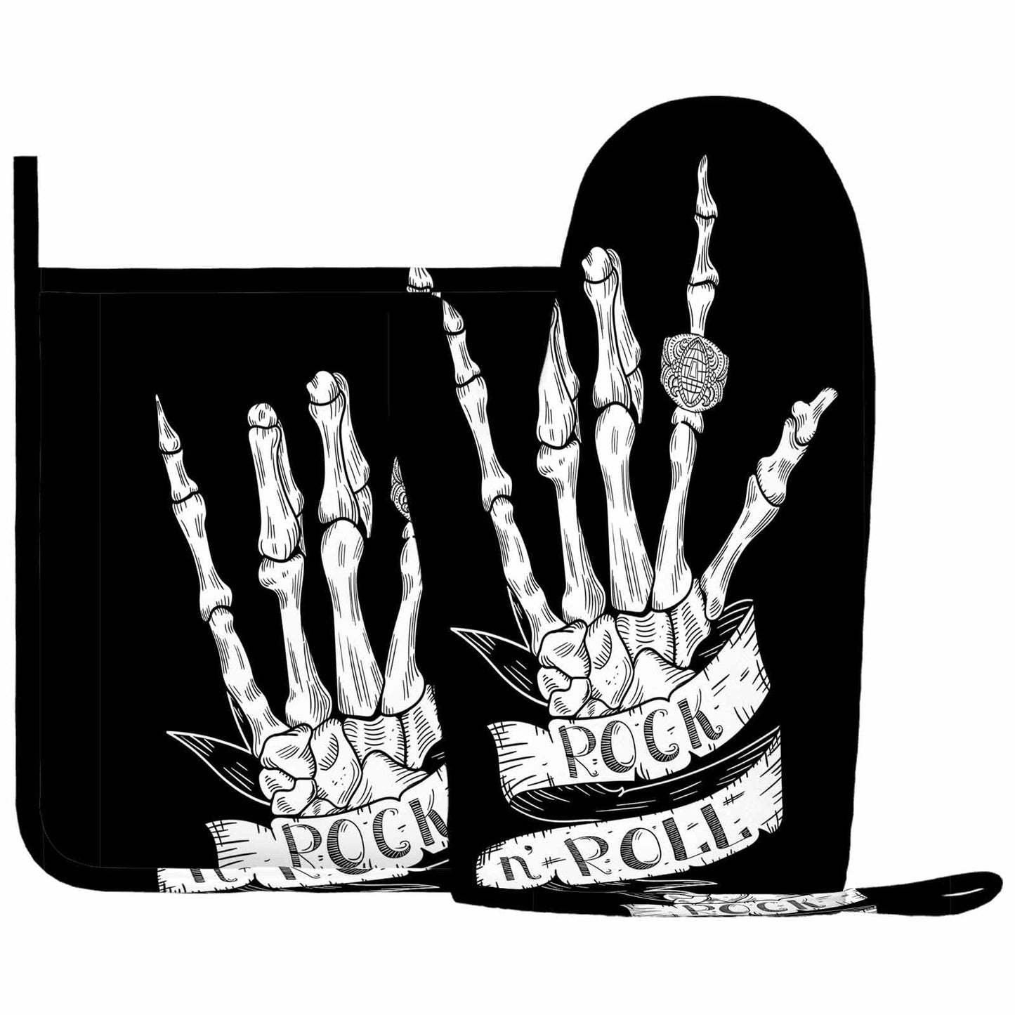 Mxocom Skeleton Oven Mitts and Pot Holders Sets Hand Rock N Roll Sign with Typography on Ribbon Black Silicone Heat Resistant Kitchen Oven Gloves Pot Holder for Cooking